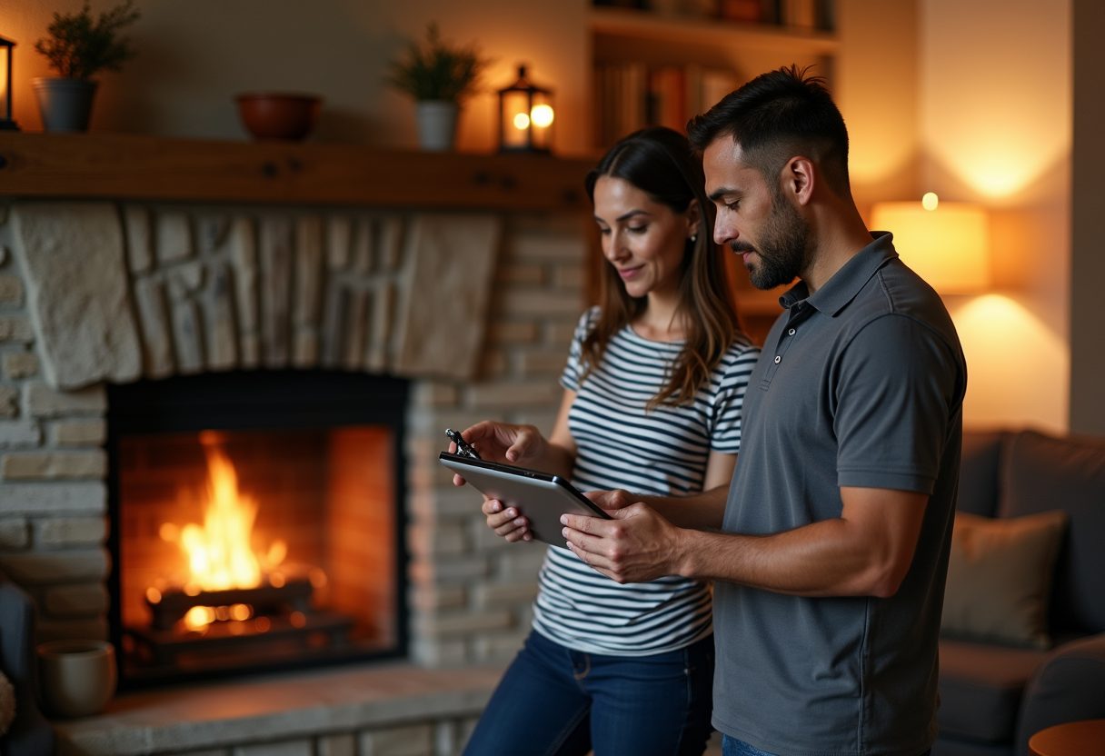 Technician showing a camera inspection beside a stone fireplace — Kirkland